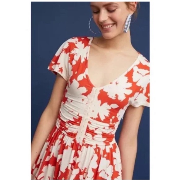 MAEVE Anthropologie Summer Breeze Dress S Orange/White Rayon Knit Ruched Waist - Picture 6 of 15